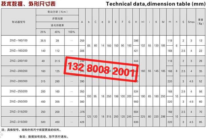 ZWZ3系列直流電磁鼓式制動器技術數據、外形尺寸表